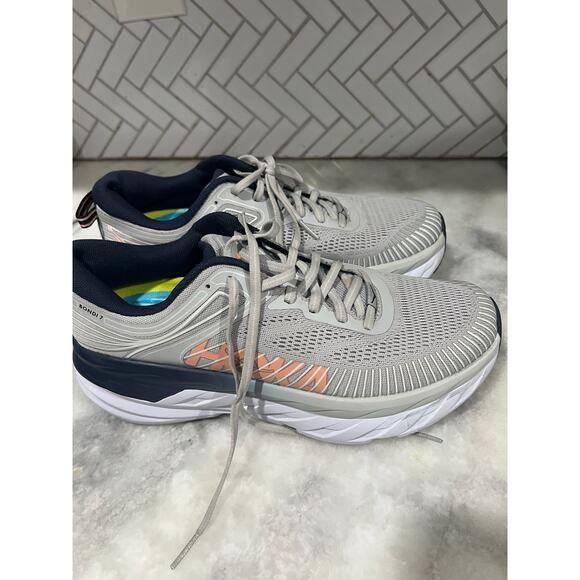 Hoka One One Bondi 7 Women’s Running Shoes Size 9 Gray Coral Navy Cushioned - Picture 9 of 10